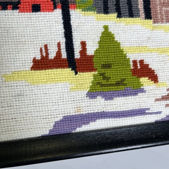 Vintage MCM Needlepoint Landscape Of Church Village Framed 17” X 12” Winter - Picture 7 of 8